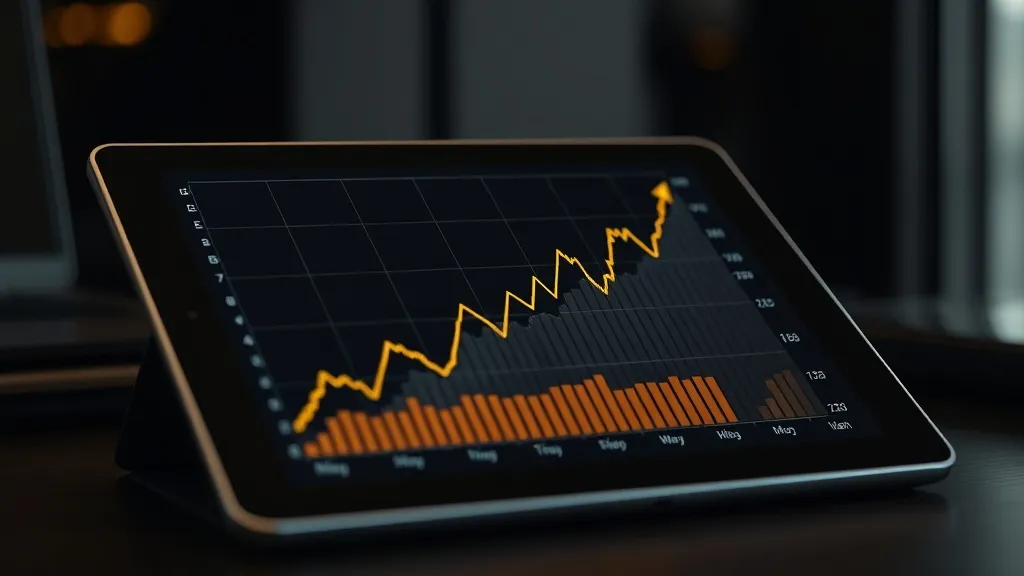 A professional financial chart on a tablet screen showing up